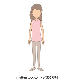 light color caricature faceless full body woman with wavy long hair vector illustration