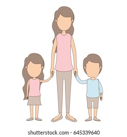 light color caricature faceless full body mother taken hand with girl and boy vector illustration