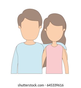 light color caricature faceless half body couple woman with short wavy hair and man vector illustration