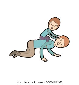 light color caricature thick contour father with boy playing the horse on his back vector illustration