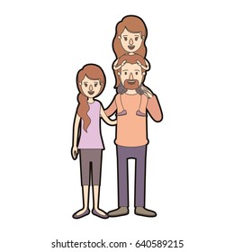 light color caricature thick contour family with mother and father with moustache and girl on his back vector illustration