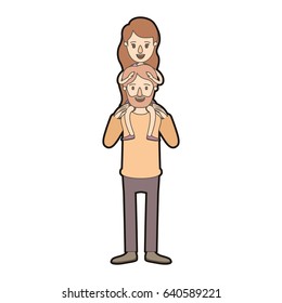 light color caricature thick contour bearded father with moustache and girl on his back vector illustration