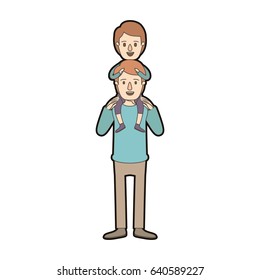 light color caricature thick contour young father with boy on his back vector illustration