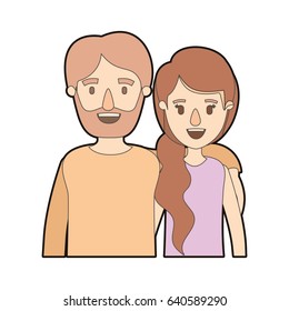 light color caricature thick contour half body couple woman with ponytail side hair and bearded man vector illustration