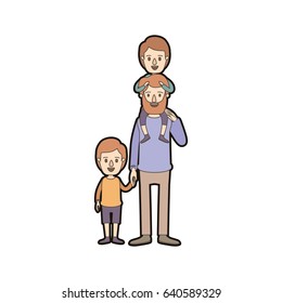 light color caricature thick contour bearded father with boy on his back and kid taken hands vector illustration