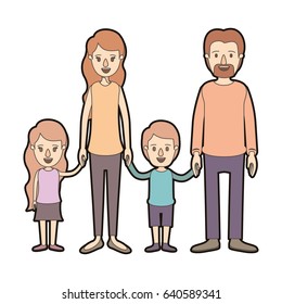 light color caricature thick contour family group with parents and children taken hands vector illustration