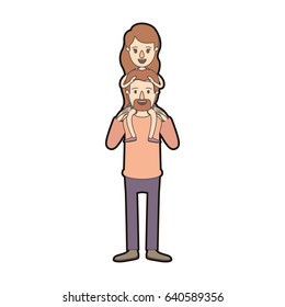 light color caricature thick contour bearded father with girl on his back vector illustration