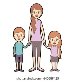 light color caricature thick contour full body mother taken hand with children vector illustration