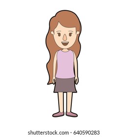 light color caricature thick contour full body woman with wavy long hair in skirt vector illustration