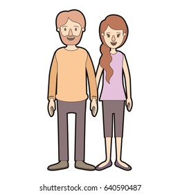 light color caricature thick contour full body couple woman with ponytail side hair and man in casual clothing vector illustration