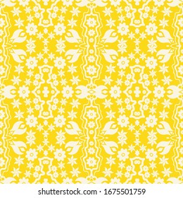 Light color floral mandala seamless pattern for tile, wallpaper, wrapping, textile, bags and bedsheet. Contemporary ethnic motif endless fabric. Geometric tribal texture on yellow background.