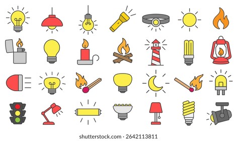 Light color icon symbol set. Light bulb, lamp, flashlight, LED, lantern, spotlight, campfire and lighter icons sign. Vector illustration image. Isolated on white background.