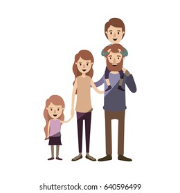 light color shading caricature big family parents with boy on his back and daugther taken hands vector illustration