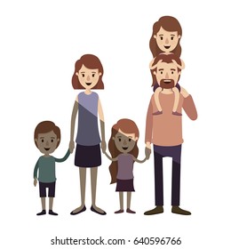 light color shading caricature big family parents with girl on his back and children taken hands vector illustration
