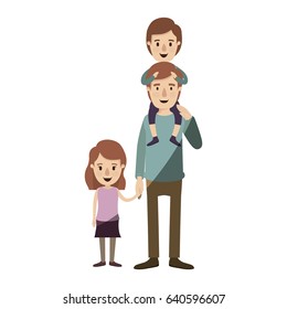 light color shading caricature dad with boy on his back and girl taken hands vector illustration
