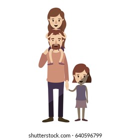 light color shading caricature dad with daugther on his back and girl taken hands vector illustration