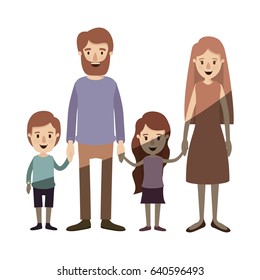 light color shading caricature family with parents and little kids taken hands vector illustration