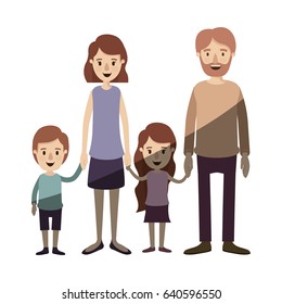 light color shading caricature family group with parents and little kids taken hands vector illustration