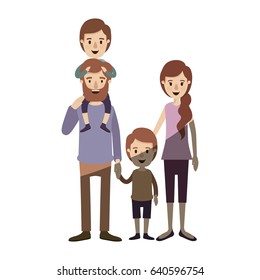 light color shading caricature family parents with boy on his back and girl taken hands vector illustration
