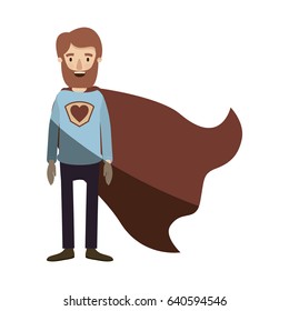 light color shading caricature full body bearded super man hero with heart symbol in uniform vector illustration