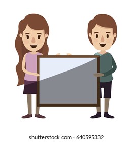 light color shading caricature full body couple holding a square poster vector illustration