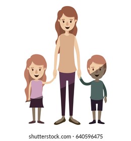light color shading caricature full body mother taken hand with girl and boy vector illustration