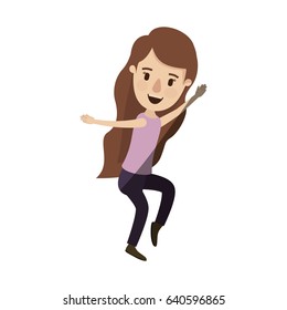 light color shading caricature full body woman with long wavy hair dancing vector illustration