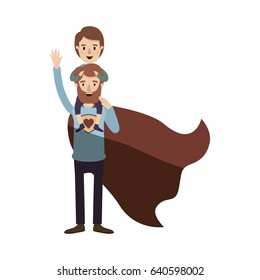 light color shading caricature full body super dad hero with boy on his back vector illustration