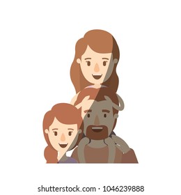 light color shading caricature half body family with mother and father with moustache and girl on his back