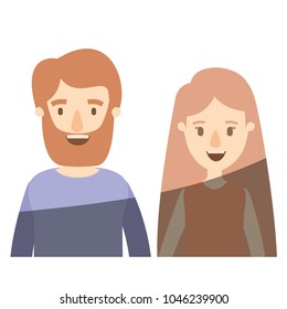 light color shading caricature half body couple woman with long hair and bearded man