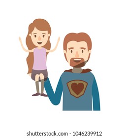 light color shading caricature half body super dad hero with girl on his hand