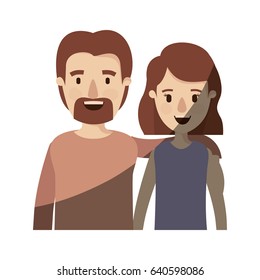 light color shading caricature half body couple woman with short hair and bearded man vector illustration