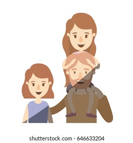 light color shading caricature half body family with short hair woman and bearded man with girl on his back vector illustration