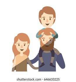 light color shading caricature half body family with wavy long hair woman and bearded man with boy on his back vector illustration