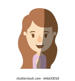 light color shading caricature side view half body girl with long wavy hair vector illustration