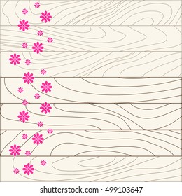 Light color Wooden texture background with pink flower. Vector illustration