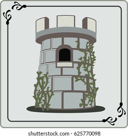 light colored castle or rook game piece with clinging vines one window  & archers top