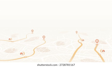Light colored city map showing multiple vehicle locations with orange routes and red location pin markers. Vector illustration.