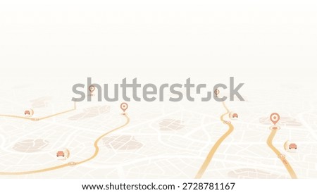Light colored city map showing multiple vehicle locations with orange routes and red location pin markers. Vector illustration.