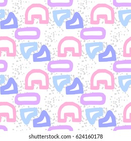 a light colored pattern of painted geometric blue, pink, purple shapes on spotty background