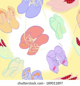 Light colored shoes on a light radiance background. Seamless pattern. Handmade.