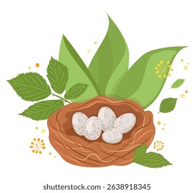 Light colored wild bird eggs lying in nest among green leaves. Isolated vector illustration in flat style. Yellow flowers and bokeh circles. Green large leaves. Cute cozy house for forest birds
