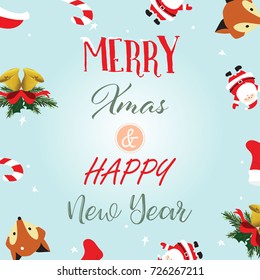 Light colorful Christmas greeting card with fox,Santa Claus,floral,bell,Christmas tree and ribbon