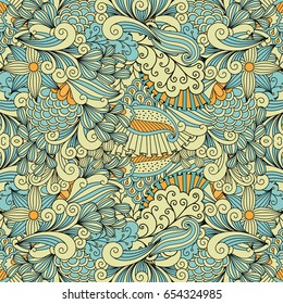 Light colors ethnic decorative pattern with leaves and swirls. Vector colorful background