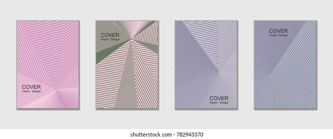 Light colors halftone covers vector template set with lines graphics. Vector tech journal design geometric shape background set, trendy halftone lines hipster pattern abstract covers collection.