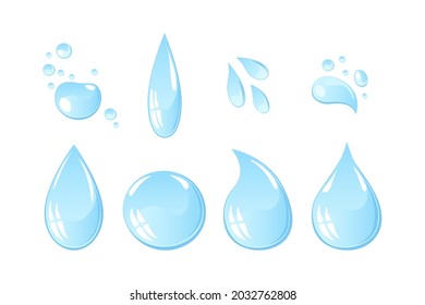 El agua de los colores claros deja caer la ilustración. Líquido brillante azul aislado sobre fondo blanco. Puddle, agua potable, tarjeta, impresión, elementos decorativos del festival tailandés del agua. Montaje de dibujos animados.