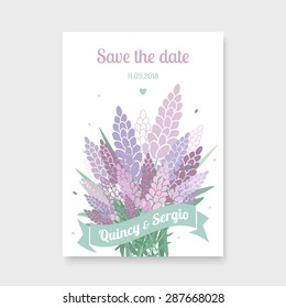 Light colors wedding invitation card. Vector invitation with lavender. 