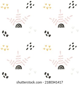 Light coloured pattern with cute jungle, tropical plants and decorations. Kids design for fabric, wrapping, textile, wallpaper, apparel. Vector handdrawn illustration.