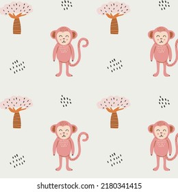 Light coloured pattern with cute rose monkey, trees and decorations. Kids design for fabric, wrapping, textile, wallpaper, apparel. Vector handdrawn illustration.
