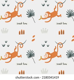 Light coloured pattern with funny monkey,  jungle, tropical plants. Kids design for fabric, wallpaper, apparel, wrapping, textile. Vector handdrawn illustration.